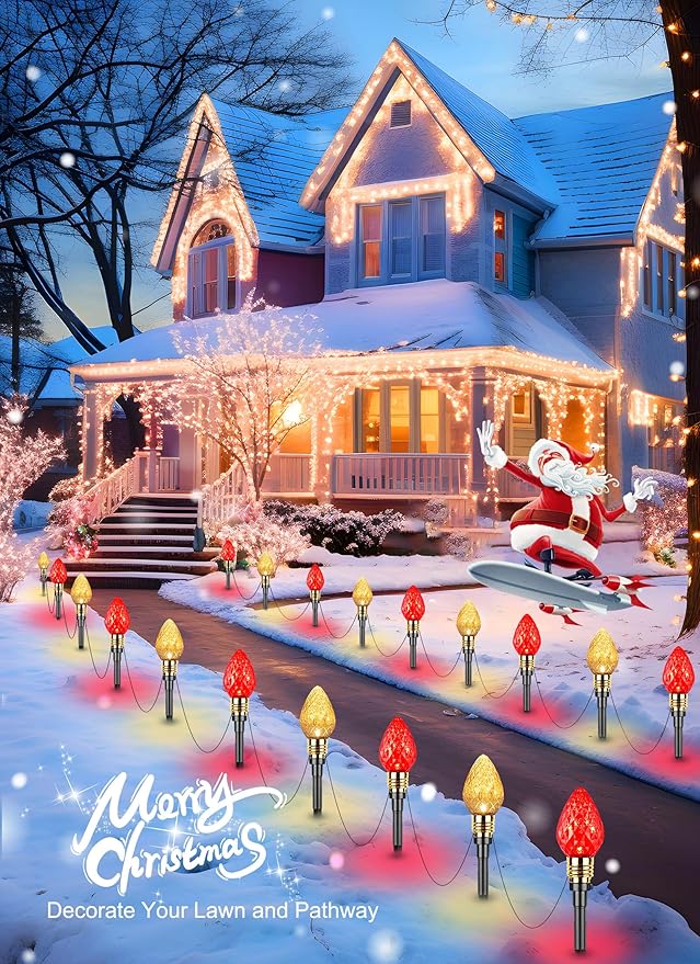 Brightown 2 Pack Strawberry C9 Christmas Pathway Lights Outdoor - Total 34.8 Feet 20 LED C9 Walkway Lights, Christmas Light Outdoor, Christma Outside Decorations for Lawn Holiday, Red & Warm White