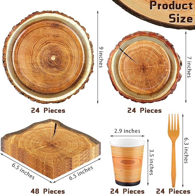 durony 144 Pieces Camping Wood Grain Slice Dinnerware Set Rustic Wood Party Supplies Paper Plates Napkins Serve 24 for Forest Themed Party Decorations Camping Birthday Supplies