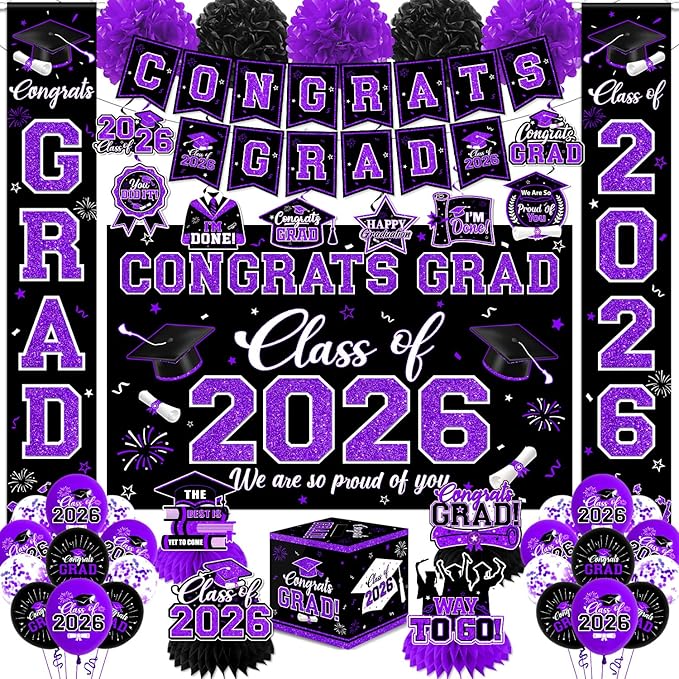 Graduation Decorations Class of 2026,Purple Graduation Decorations 2026- Congrats Grad Decorations Banner ＆ Hanging Swirls,Graduation Card Box,Paper Pompoms,Balloons,Porch Sign for College Grad Party