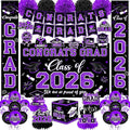 Graduation Decorations Class of 2026,Purple Graduation Decorations 2026- Congrats Grad Decorations Banner ＆ Hanging Swirls,Graduation Card Box,Paper Pompoms,Balloons,Porch Sign for College Grad Party