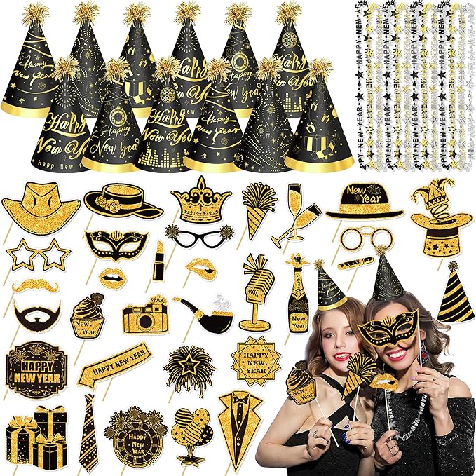 56 PCS New Year’s Eve Party Supplies 2026 Including Happy New Year Hats, Necklaces and New Year Photo Booth Props for New Year's Eve Party Favors (Photo Booth Props)