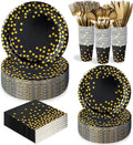 350 Pcs Black and Gold Party Plates Cups and Napkins Sets Black Gold Foil Dot Disposable Dinner Tableware Set With 7" 9" Plates Napkins Cups Knife Fork Spoon Party Supplies Serve 50 Guests