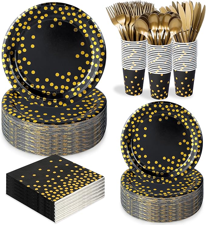 350 Pcs Black and Gold Party Plates Cups and Napkins Sets Black Gold Foil Dot Disposable Dinner Tableware Set With 7" 9" Plates Napkins Cups Knife Fork Spoon Party Supplies Serve 50 Guests
