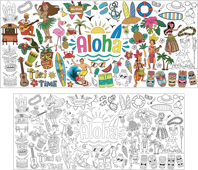 OHOME Hawaiian Giant Coloring Poster/Tablecloth - Luau Day Decorations - Jumbo Coloring Banner Crafts Gifts Activities Accessories Decor Party Decorations