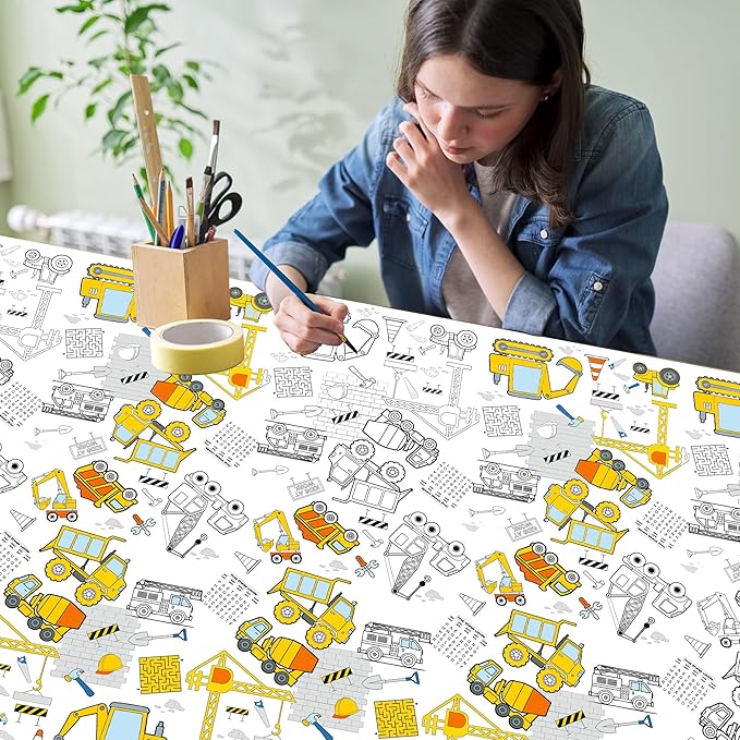 Giant Construction Coloring Tablecloth,54x108 Inch, Construction Birthday Party Supplies Construction Theme Party Favors