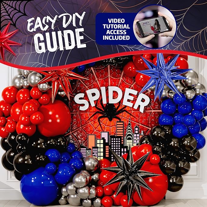 ALL-IN-1 Spider Balloon Arch Kit with BONUS Starburst for Spidy Birthday Decorations - Red Blue Spider Balloons for Spidy Man Party Decorations - Miles Birthday Decoration, Spidey Balloons