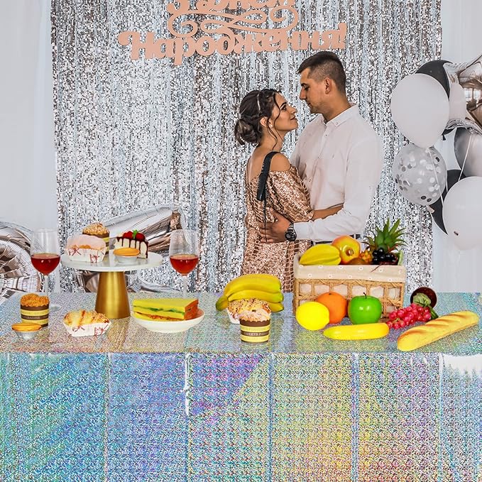FunnyPars 8 Pack Iridescent Plastic Tablecloths Shiny Disposable Laser Rectangle Table Covers Holographic Foil Tablecloth Iridescent Party Decoration