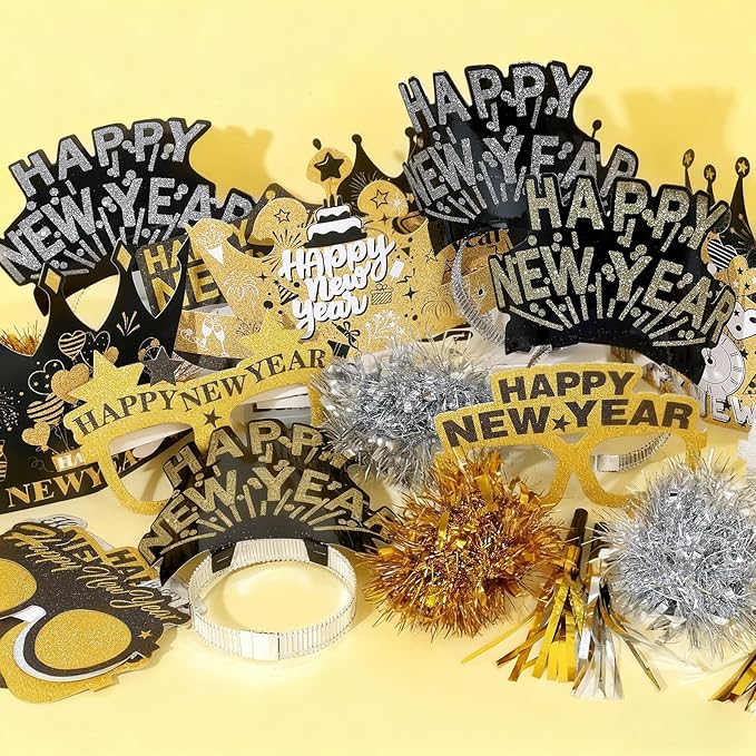 42 Pcs New Years Eve Party Supplies 2026, Includes Happy New Year Hats Paper Crowns,Headband Tiara,Paper Glasses,Wreath,Noise Makers for Happy New Year's Party Decorations 2026