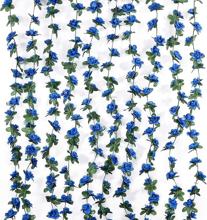 Miracliy 8Pcs 66FT Blue Flower Garland, Artificial Rose Floral Vines Fake Hanging Spring Flower Garland for Wall Backdrop Wedding Arch Tea Party Door Mantle Decoration
