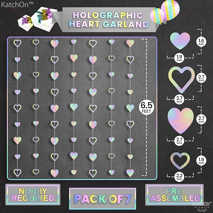 KatchOn, Iridescent Hanging Heart Garland - 6.5 Feet, Pack of 7, No DIY | Heart Banner Garland for Bridal Shower Decorations | Heart Streamers for Bachelorette Party Decorations