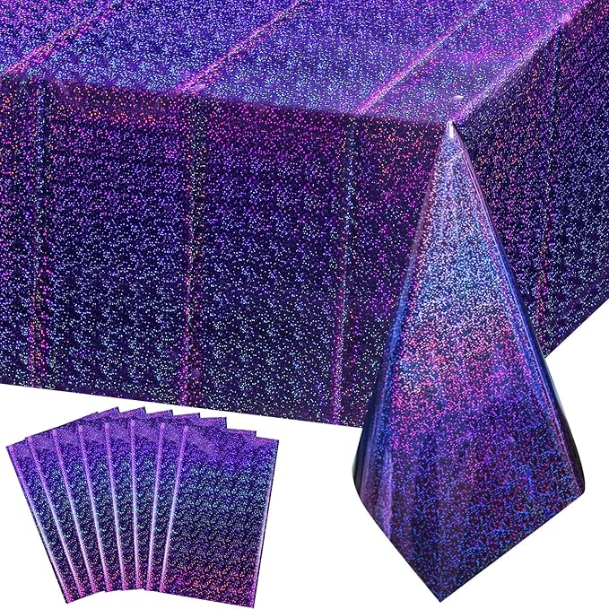 FunnyPars 8 Pack Iridescent Plastic Tablecloths Shiny Disposable Laser Rectangle Table Covers Holographic Foil Tablecloth Iridescent Kpop Birthday Bridal Wedding Party Decoration, 54"x108"(Purple)