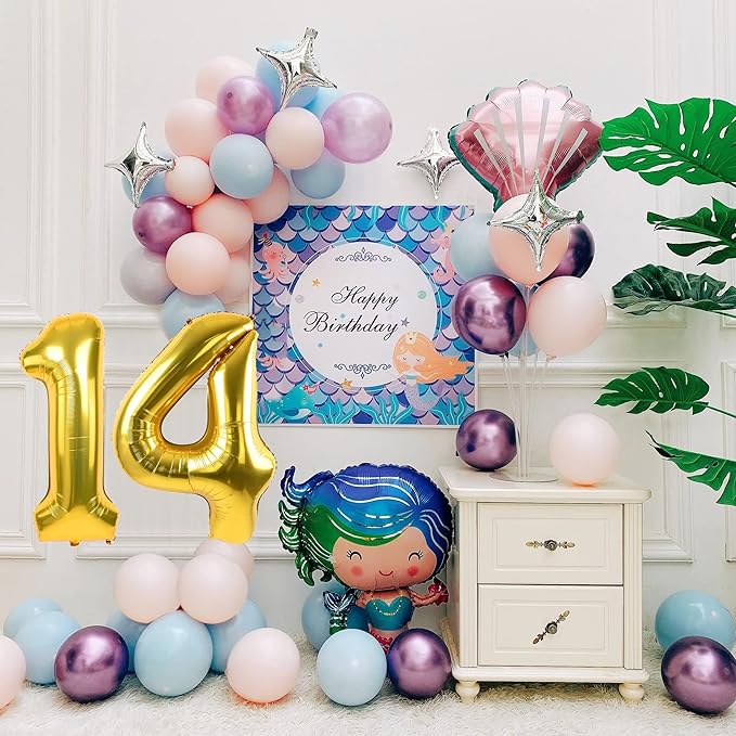 Smlpuame Gold Balloon, 40 inch Number 14 Foil, for Birthday, Graduation, Wedding Anniversary Decorations, Includes Glue, Tying Tool