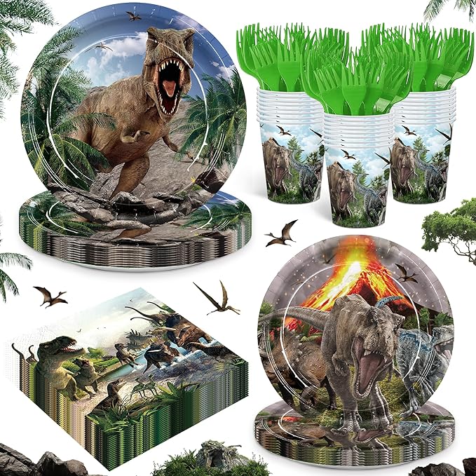 Dinosaur Birthday Party Supplies Dino World Baby Kids Happy Birthday Party Disposable Tableware Set Plates Napkins Cups Green Forks for 24 Guests