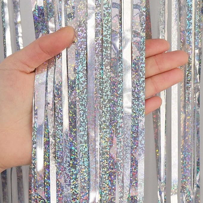 Silver Tinsel Foil Fringe Curtain Backdrop, 3.3 x 8.2 ft Metallic Glitter Curtain Streamers, 2 Pack Silver Photoboth for Birthday New Year Eve 2024 Disco Party Decorations