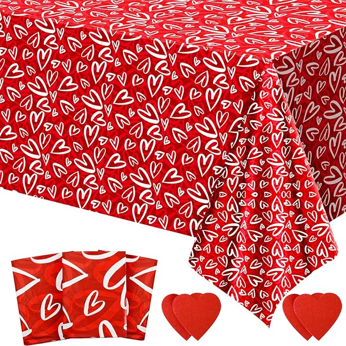 3 Pcs Valentines Tablecloth-Heart Love Valentine's Table Cover, Disposable Plastic Rectangle Heart Table Cloth for Valentine's Day, Wedding, Engagement Anniversary, Birthday Party, 54x108 inch