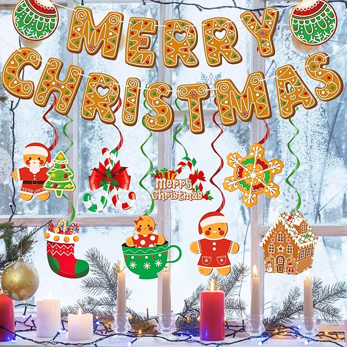 Gingerbread Man Christmas Decorations Set with Merry Christmas Banner Hanging Swirls Garland and Ceiling Streamers for Xmas Holiday Party Supplies Home Office Fireplace Decoration