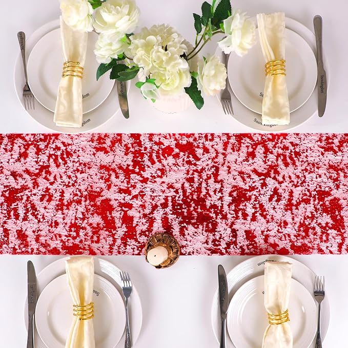 Snowkingdom Red Glitter Table Runner 11 Inch x 49 Feet Sparkle Mesh Long Runner Table Decorations for Wedding Anniversary Party, Birthday, Mother's Day