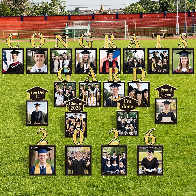 Qunclay 20 Pcs Graduation Photo Yard Sign 2026 Congrats Grad Decorations 13 x 8 Inches Class of 2026 Display Photo Yard Sign with Stakes Outdoor Graduation Pictures Display for College High School