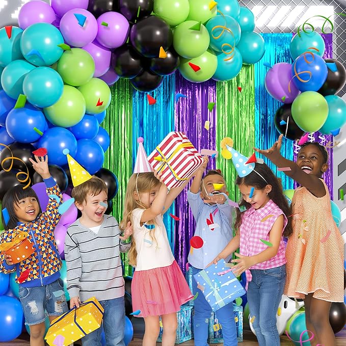 Video Game Balloon Arch Garland Kit Birthday Party Decorations, Purple Blue Green Foil Fringe Curtains Backdrop Tinsel Streamer Photo Booth Props for Gaming Theme Party Decor Supplies Favors