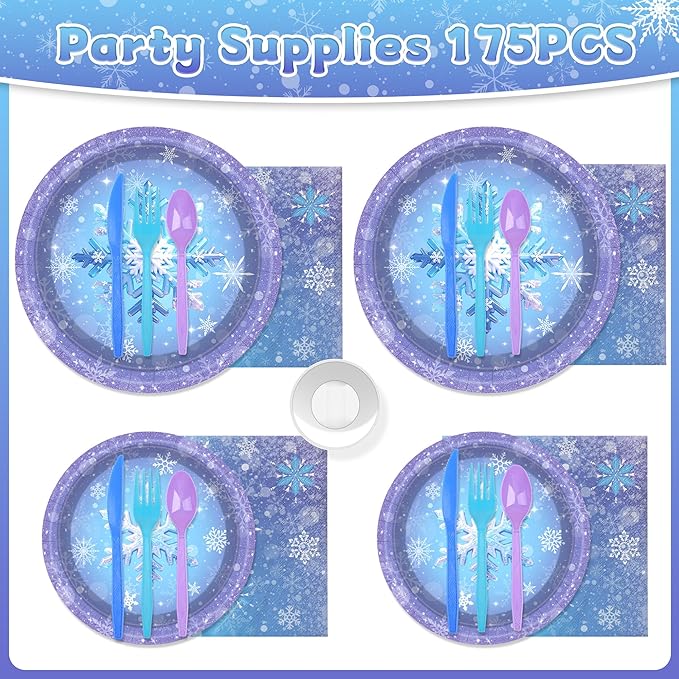 175Pcs Snowflake Paper Plates and Napkins Set - Blue Purple Christmas Themed Paper Plates, Cups, Napkins Cutlery for Winter Wonderland Holiday Decorations Birthday Wedding Party Supplies for 25 Guests