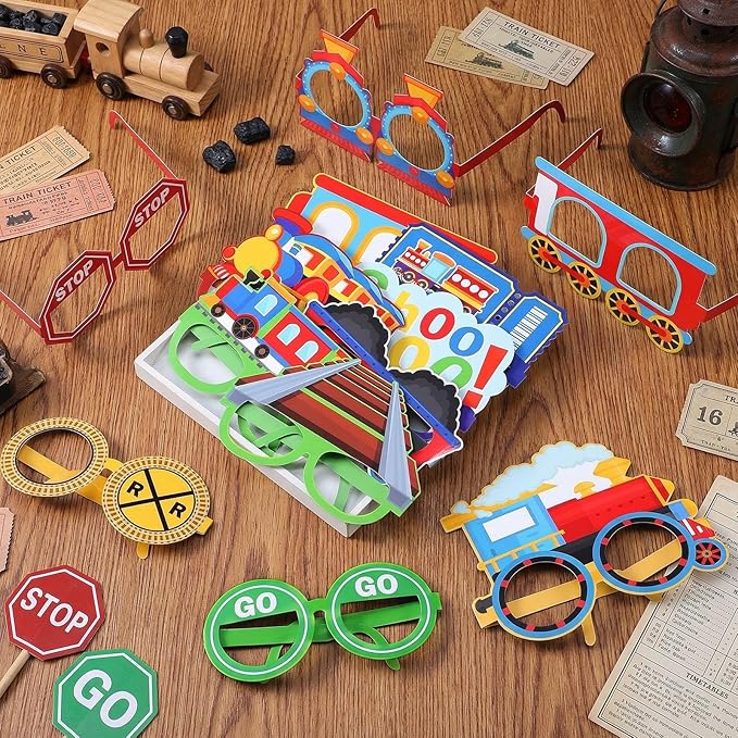 Pajean 32 Pcs Train Party Decoration Train Themed Paper Eyeglasses Photo Booth Props Transportation Party Supplies Paper Glasses Frame for Traffic Birthday Christmas Gift Decor Prizes