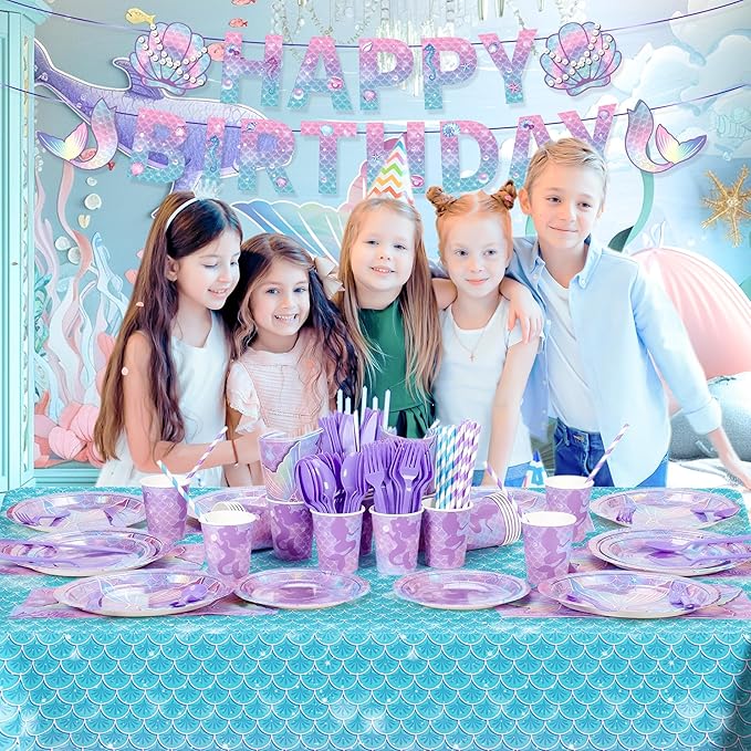 195Pcs Mermaid Birthday Party Decorations with Happy Birthday Banner Tablecloth, Mermaid Themed Party Supplies with Plates Cups Napkins Straws Cutlery, Purple Blue Disposable Tableware for 24 Guests