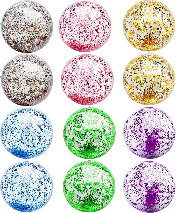 12 Pack Inflatable Beach Balls Bulk - 16" Glitter Pool Toys Balls for Summer Beach Pool Party, Swimming Pool Game Water Beach Toys Party Favor Summer Luau Decoration Essential Blow Up Beach Ball
