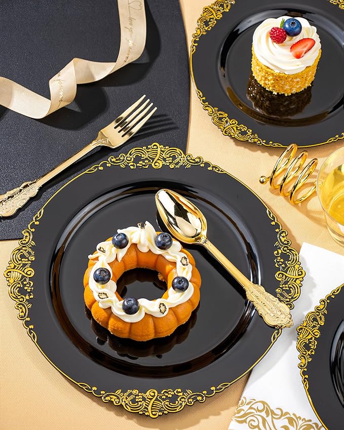 Nervure 350PCS Black Plastic Plates - Black Plastic Dinnerware Sets for 50 Guests - 100 Disposable Plates, 150 Gold Silverware, 50 Cups, 50 Napkins for Wedding & Party & Graduation & Retirement