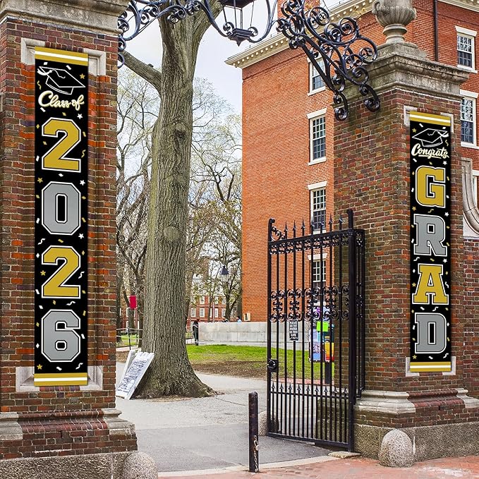 2026 Graduation Decorations,Congrats Grad Banner Backdrop for Class of 2026 Decorations- Black and Gold Graduation Party Decorations