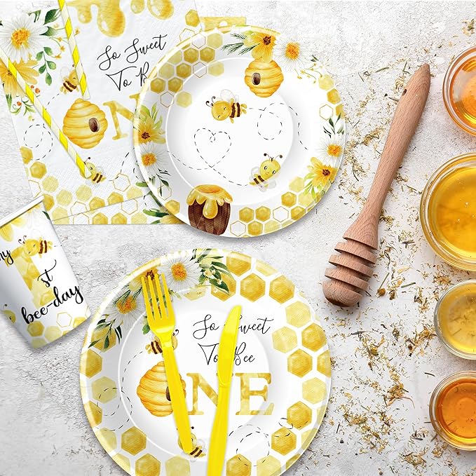 APOWBLS Bee 1st Birthday Party Supplies - Bumble Theme First Bee Day Birthday Decorations Dinnerware, Paper Plates, Cups, Napkins, Tableware Party Forks | Serve 24