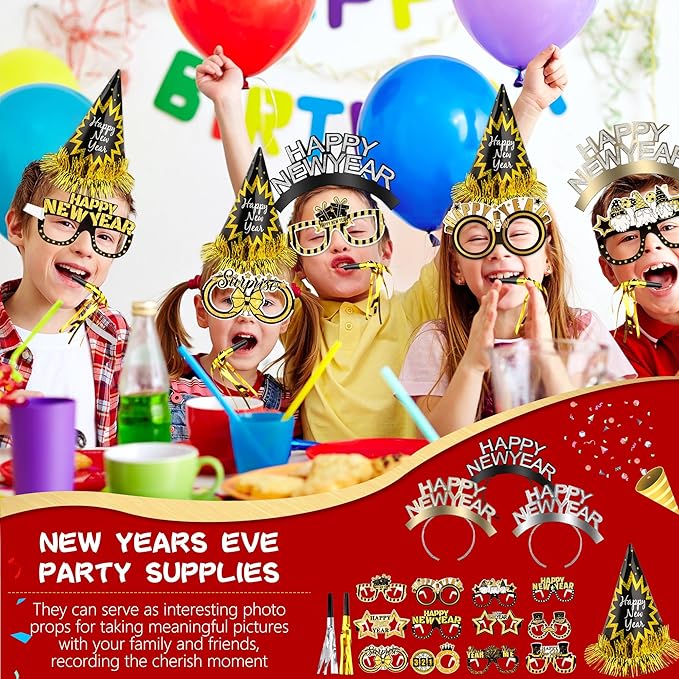 48 Pack Happy New Year Party Favor Set with New Year Headband Paper Eyeglasses Cone Hats and Glitter Fringed Noisemakers for New Year Eve Party Favors