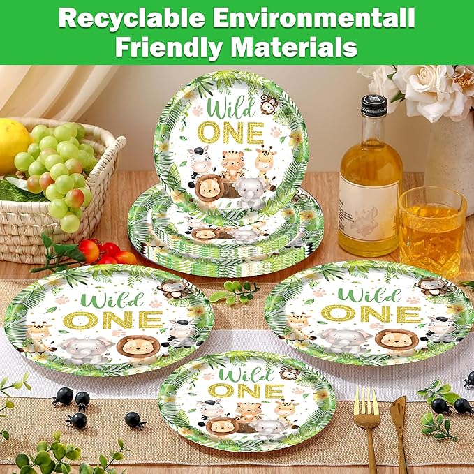 222 PCS Wild One Birthday Decorations, Jungle Safari Baby Shower Decorations Tableware Set with Animal Plates Napkins Cutlery Tablecloth Banner for 20 Guests