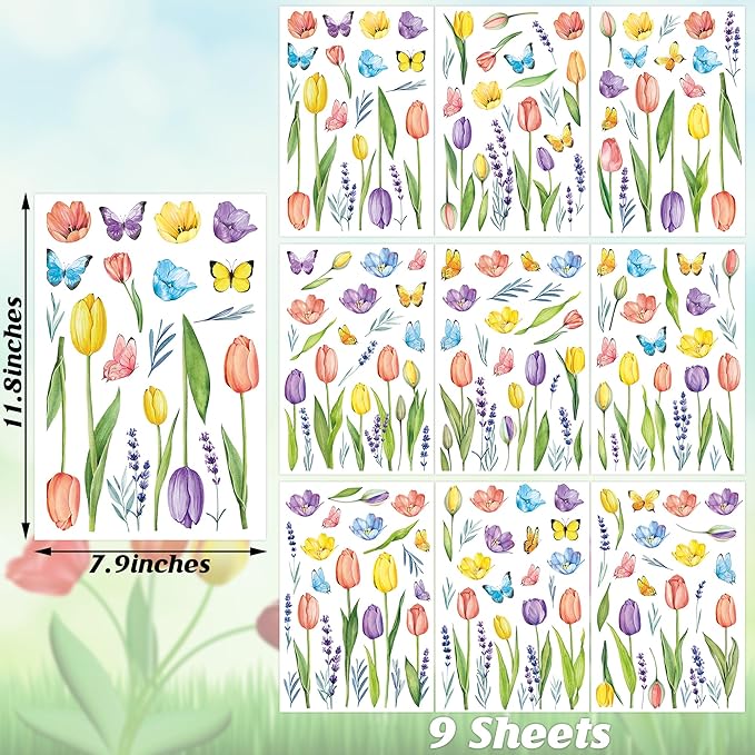 210PCS Spring Window Clings, 9 Sheet Spring Window Clings for Glass Windows with Tulip Flowers Butterfly, Double-Side Decals Stickers Decorations for Home Office Decor