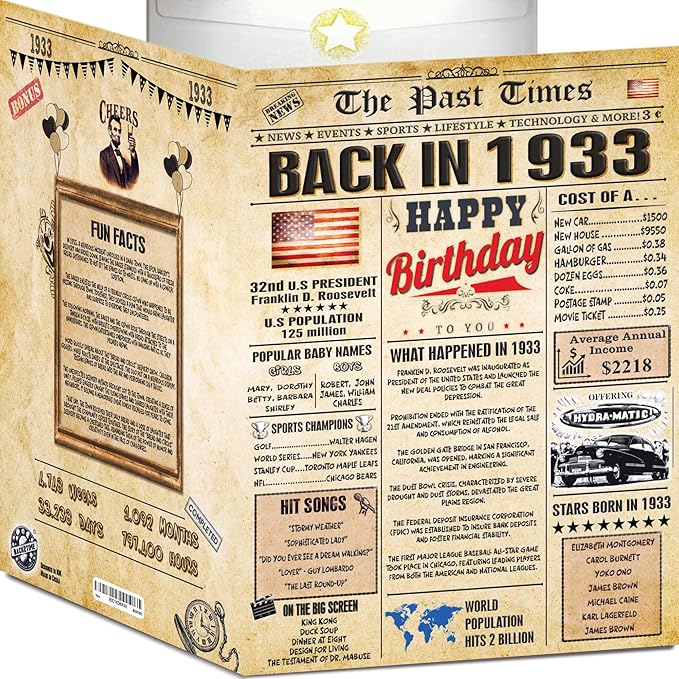 93rd Birthday Card for Women Men - Back In 1933 Newspaper - 93 rd Happy BIRTHDAY card - 93rd birthday gift for Her Him - JUMBO size - 93 rd birthday decorations Dad Mom - Best gifts for 93 year old
