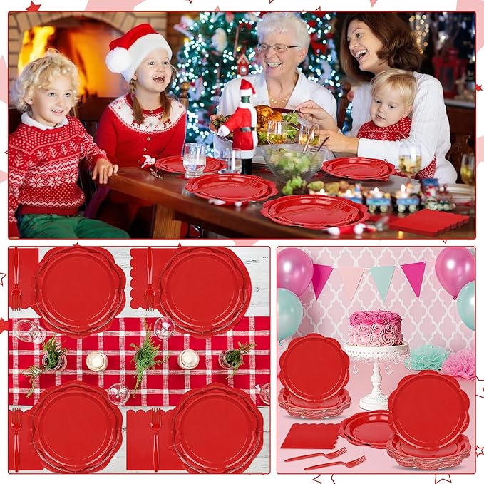 96 Pcs Red Paper Plates and Napkins Set Party Supplies, Tableware set for 24 Guest include Disposable Red Scalloped Plates, Napkins and Forks for Baby Shower Bridal Shower Wedding Christmas