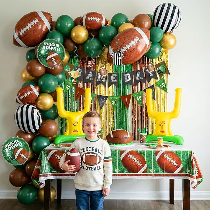 Football Balloons dark green brown Balloons with Banner Hanging Swirl Fringe Curtain Goal Post Football Balloons for Sports Birthday Boys first year touch down party decorations