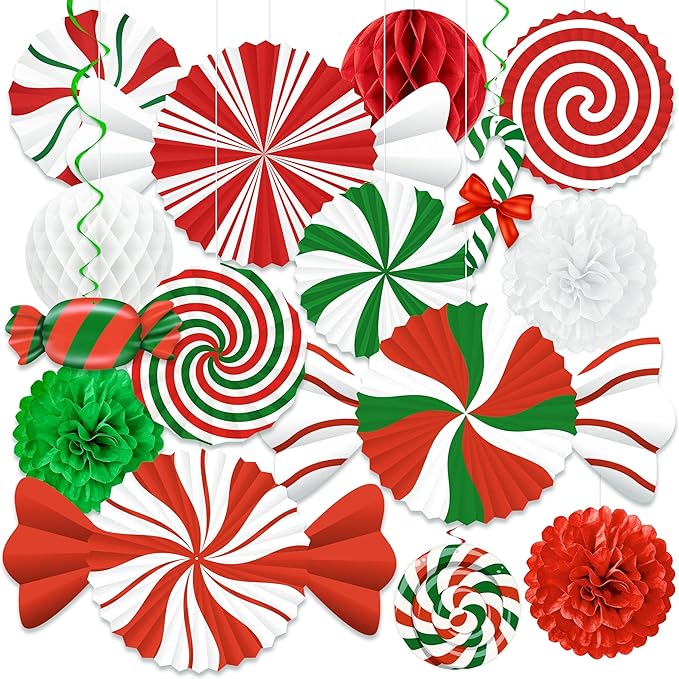 15pcs Candyland Christmas Party Decorations – Paper Fans, Honeycomb, Swirls for Peppermint, Indoor Ceiling, Wall Holiday Decor