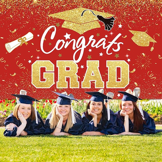Graduation Party Decorations - Red Gold Congrats Grad Class of 2026 Backdrop Banner Large Sign Wall Decorations Photography Background Party Supplies for 2026 Graduation Party Decorations