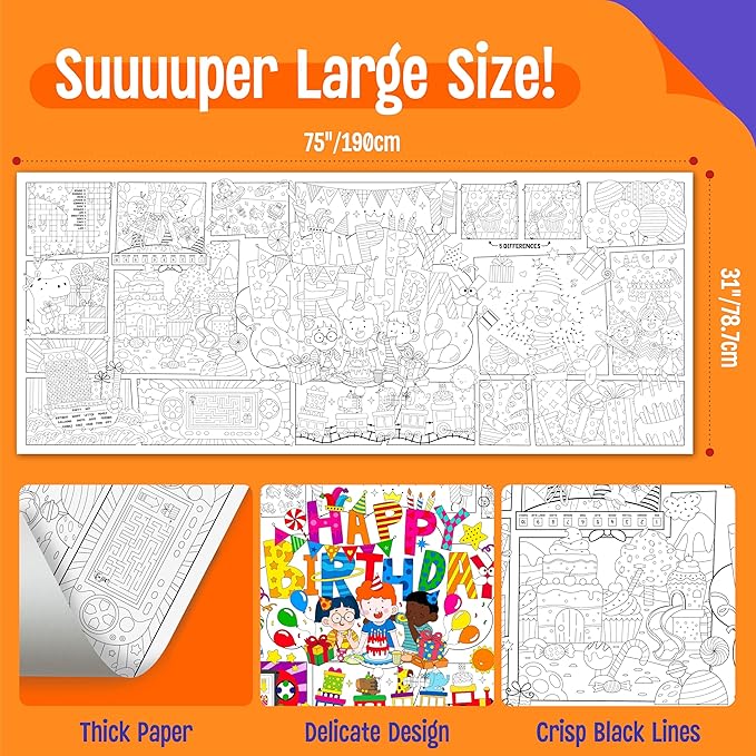Birthday Coloring Poster, Large Coloring Activity Paper 75” x 31” Jumbo Size Paper DIY Painting Drawing Banner/Tablecloth for School, Birthday Parties, Versatile Wall Decor