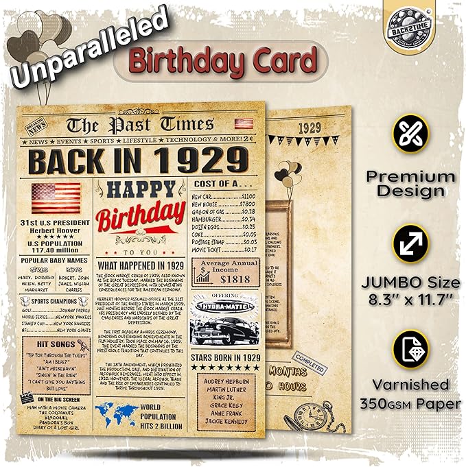 97th Birthday Cards for Men & Women - Back In 1929 Newspaper (Bday Card + Envelope) Large HAPPY BIRTHDAY Decorations for Her Him Vintage Funny card for Wife Husband & Grandparents 97 years