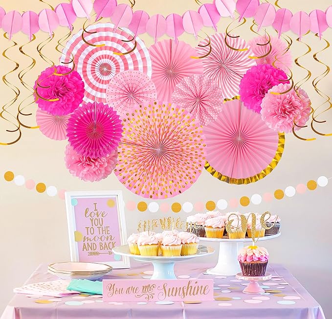 Moon Boat 35PCS Party Decorations Paper Fan Hanging Set - Birthday,Bridal/Baby Shower,Bachelorette,Wedding Decor (Pink)
