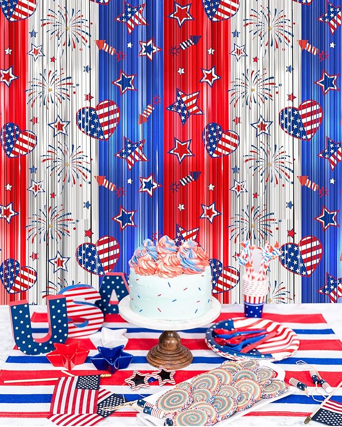 4th of July Decorations Foil Fringe Curtains for Memorial Day, 2 Pack Fourth of July Decor Party Backdrop Red White and Blue Tinsel Streamer, Patriotic Decorations for Independence Labor Veterans Day