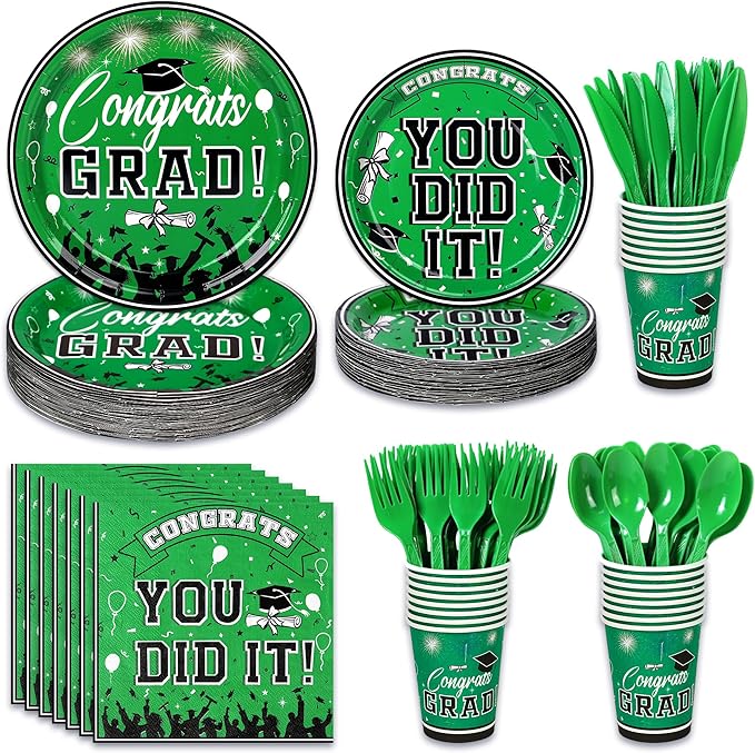 175PCS Graduation Plates and Napkins Set 2026 Graduation Party Supplies Tableware Set Include Paper Plate Napkin Cup Knife Fork Spoon for Grad Party Decor Serve25 (Green and Black)