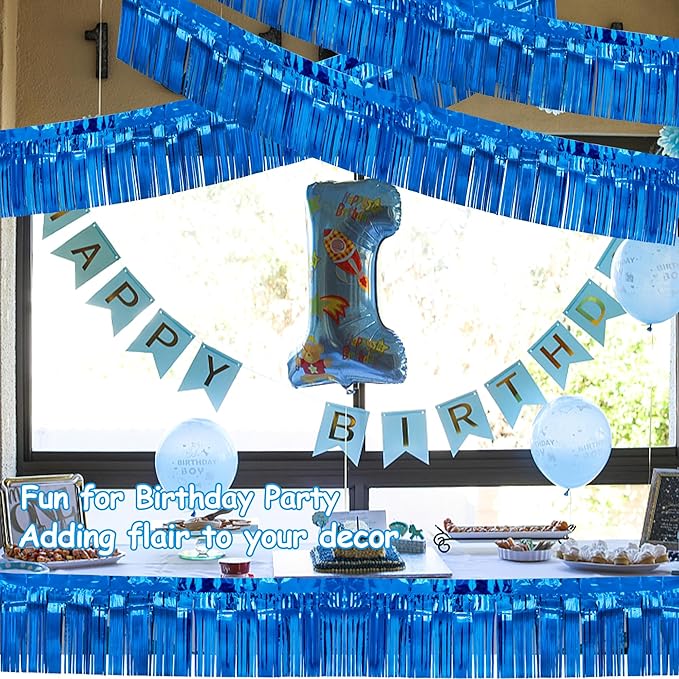 4 Packs Total 39 Ft Parade Floats for Trailer Car, Blue Foil Fringe Garland Tinsel Streamers Hanging Backdrop Banner Table Skirts for 4th of July Graduation Homecoming Wedding Birthday Party Decor