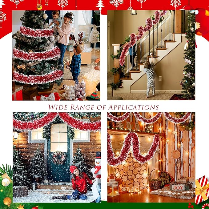 100Ft Christmas Garland - Xmas Tree Decorations, Christmas Tinsel Decorations for Indoor&Outdoor Home Decor, Christmas Metallic Twist Garland Ceiling Hanging Decorations for New Year(Red)