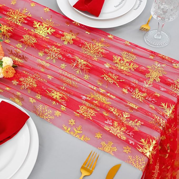 Snowkingdom Red Table Runner, 120 Inches Long Sheer Tulle with Gold Snowflake for Winter Holiday Wedding Home Party Valentine's Day New Year Christmas Table Decor