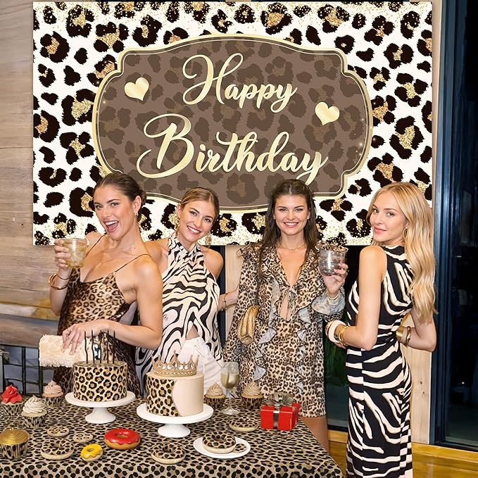 Leopard Happy Birthday Backdrop 5 x 3 Ft Cheetah Print Birthday Decorations Backdrop Banner for Women Girl, Cheetah Leopard Party Decorations for Wall, Photography Background Decor