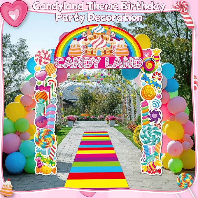4Pcs Sweet Candyland Party Decorations Candy Door Covers Candyland Hanging Banner Backdrop Candy Land Store Porch Sign Colorful Runner Rug Background Photo Prop for Baby Shower Birthday Party Supplies