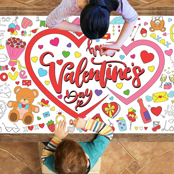 Valentines Day Large Coloring Tablecloth, Valentine's Day Giant Coloring Poster for Classroom Activity and Home Party Favors, 30x72 Inch