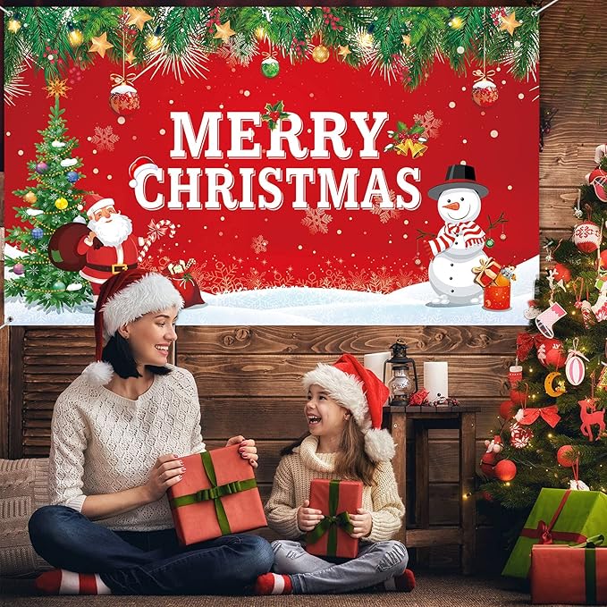 Merry Christmas Backdrop for Photography Banner Large Snow Wonderland Backdrop Winter Snowman Scene Xmas Santa Tree Background for Outdoor Indoor Christmas Decorations Party Gifts, 72.8 x 43.3 Inch